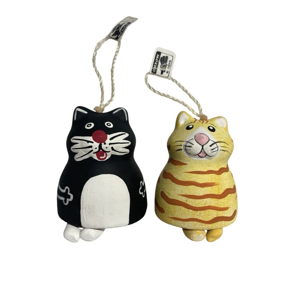Fat Cat Bell Christmas Ornament Set of 2 Dangle Leg Chime Folk Art Clay Mexico